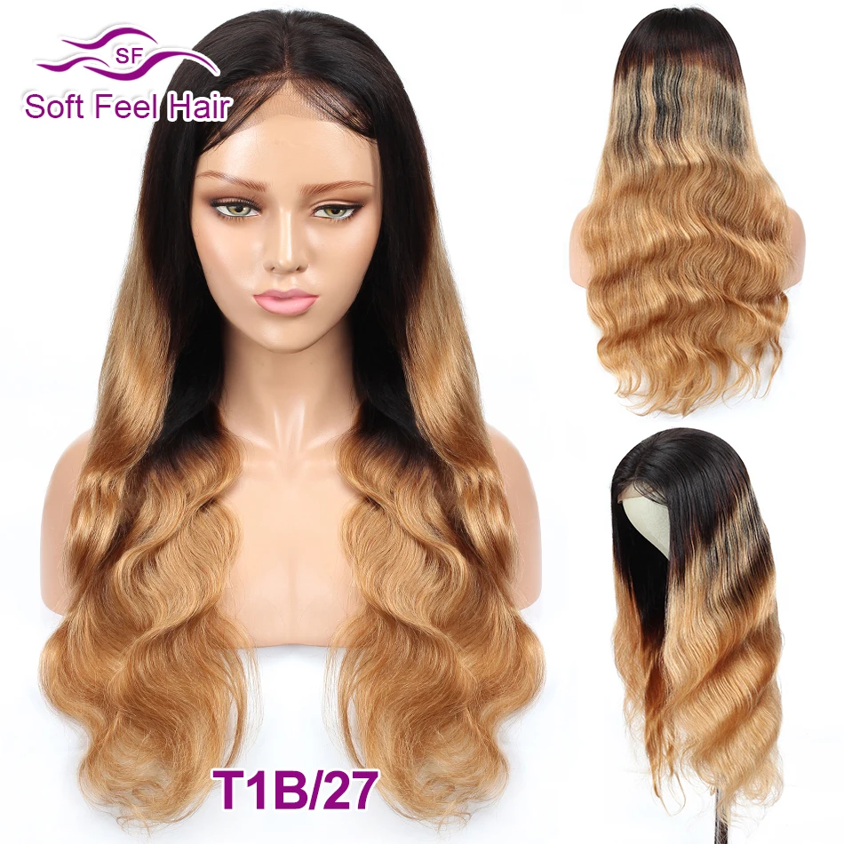 Soft Feel Hair 4x4 кружева закрытие парик блонд эффектом деграде(переход от темного к человеческих волос парики для Для женщин Реми бразильские волнистые волосы парики средней соотношение