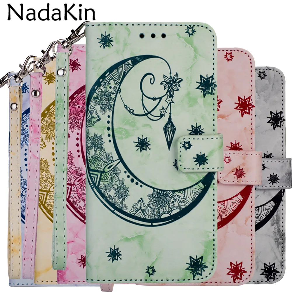 

Painted Marble Stone Moon Star Book Case for Huawei P8 P20 Mate 10 20 Lite Pro 2017 Stylish Leather Phone Cover Shell With Strap