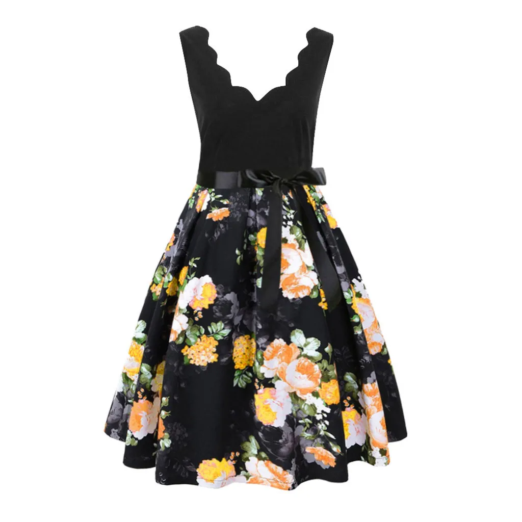 

JAYCOSIN 1PC Spring Dress Women Sleeveless Fashion Print Vintage Flare Knee-Length Dress Party Plus Size dresses for girl z1214