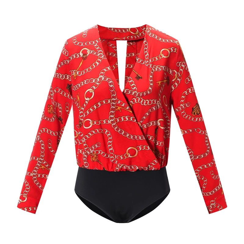 Новые женские пикантные глубокие v-образные вырезы комбинезон боди с длинными рукавами леопардовая блуза комбинезон - Цвет: Красный