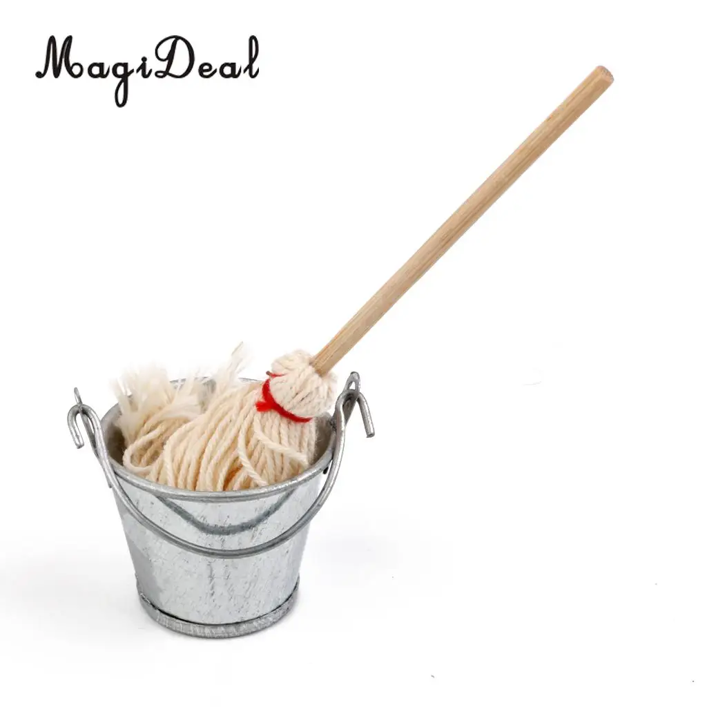 MagiDeal 1/12 Dollhouse Miniature Kitchen Garden Mop Bucket for Kid Hands-On Ability Pretend Play Early Education Furniture Toy 