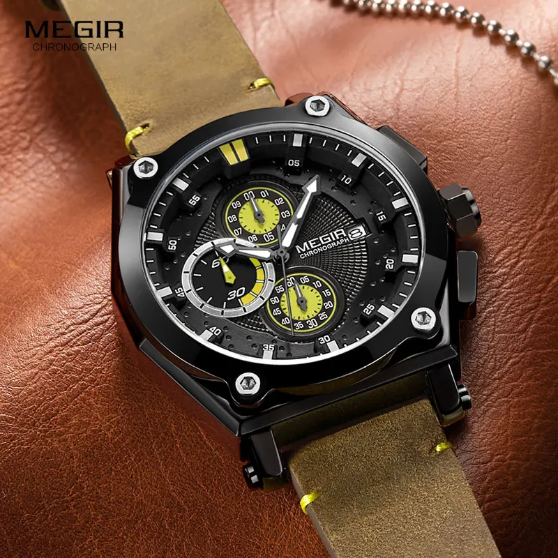 

Megir Luxury Sports Military Quartz Watches Leather Strap Chronograph Wristwatch for Man 3 atm Waterproof Relogios 2098 Black
