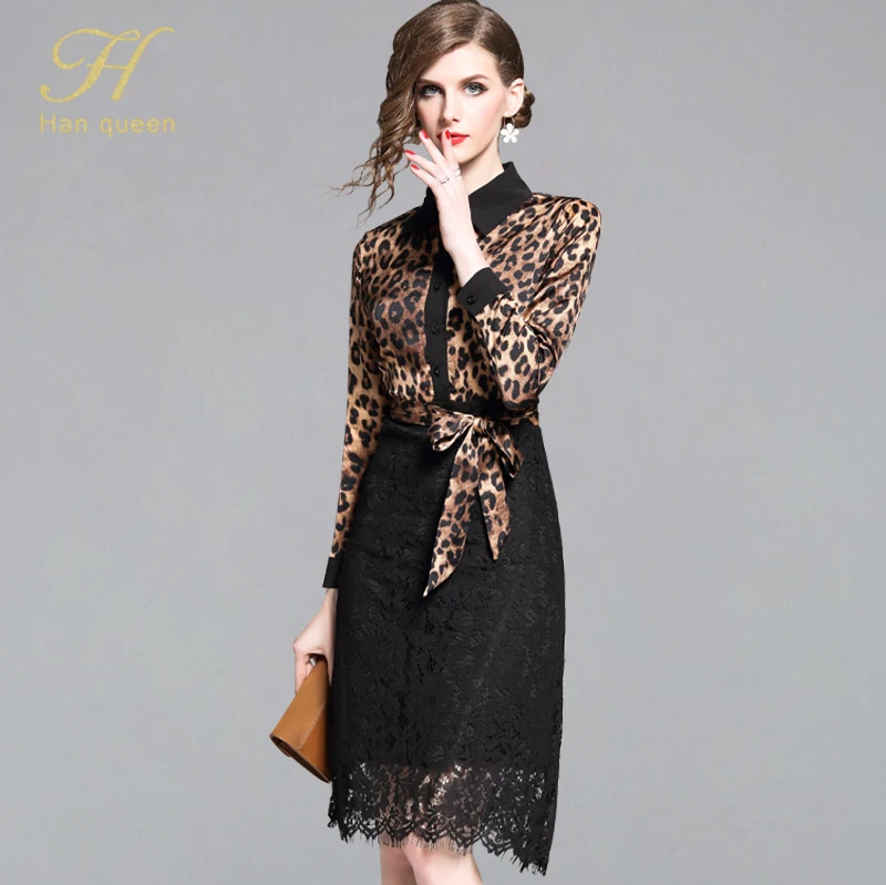 

H han queen Womens Elegant Leopard Vintage Dresses Long Sleeve Bow Print Lace Patchwork Work Office Casual A-Line Summer Dress