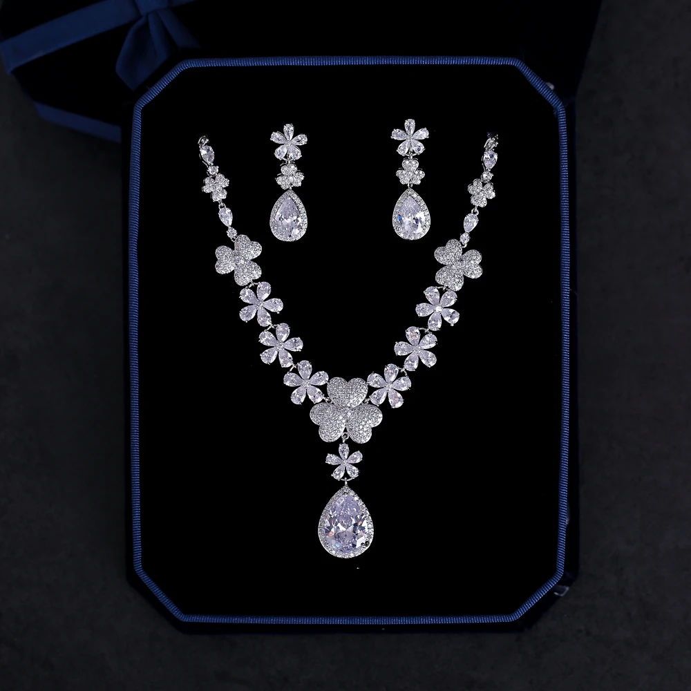 

Vintage Micro Inlays Cubic Zirconia Jewelry Set Teardrop Dangle Earrings Flower Necklace Pendant Bijoux Women Wedding Jewellery