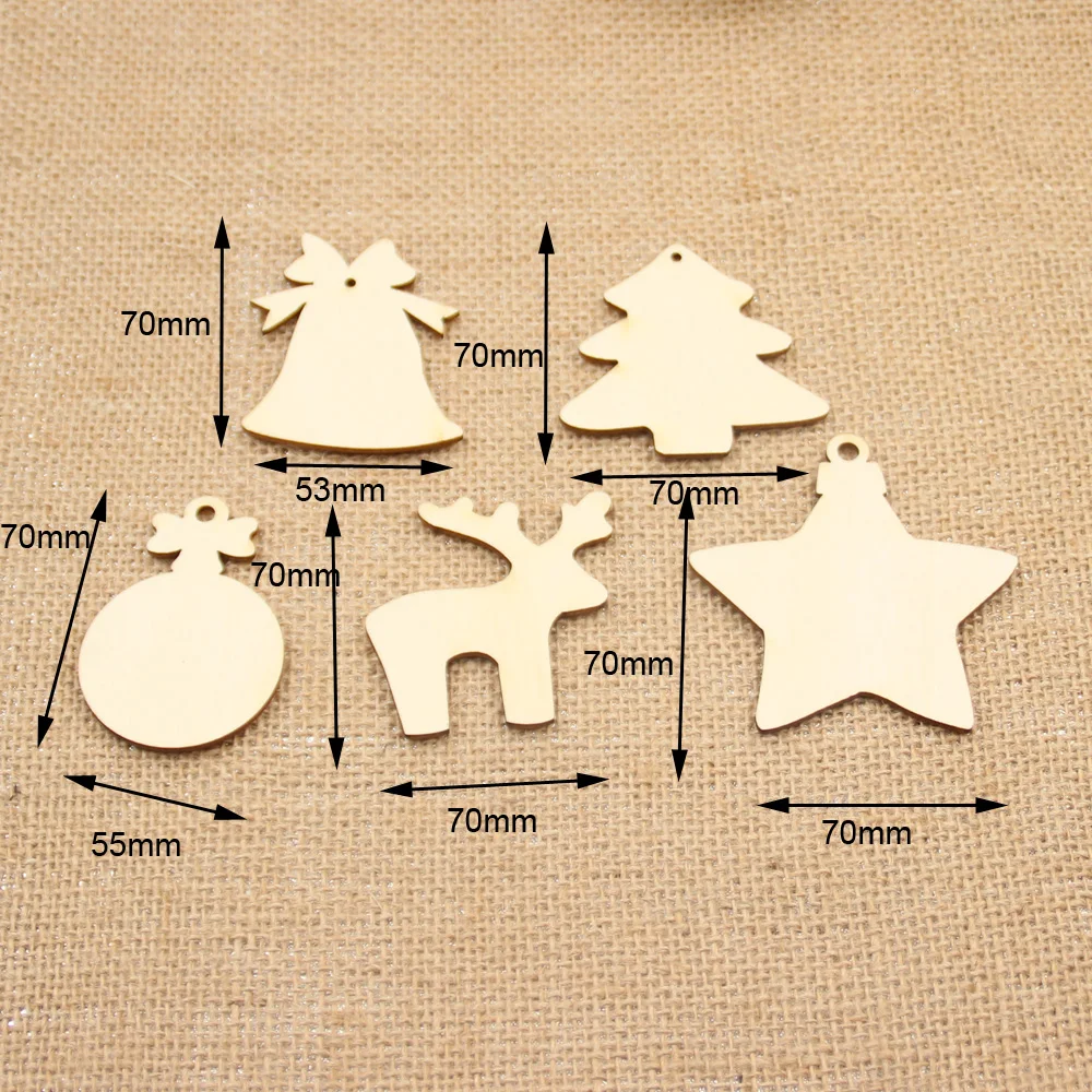 (5Styles, 60pcslot) 70mm Unfinished Wooden Assort Christmas Ornaments Deer Star Tree Bell Tags Strings Hanging 2.83