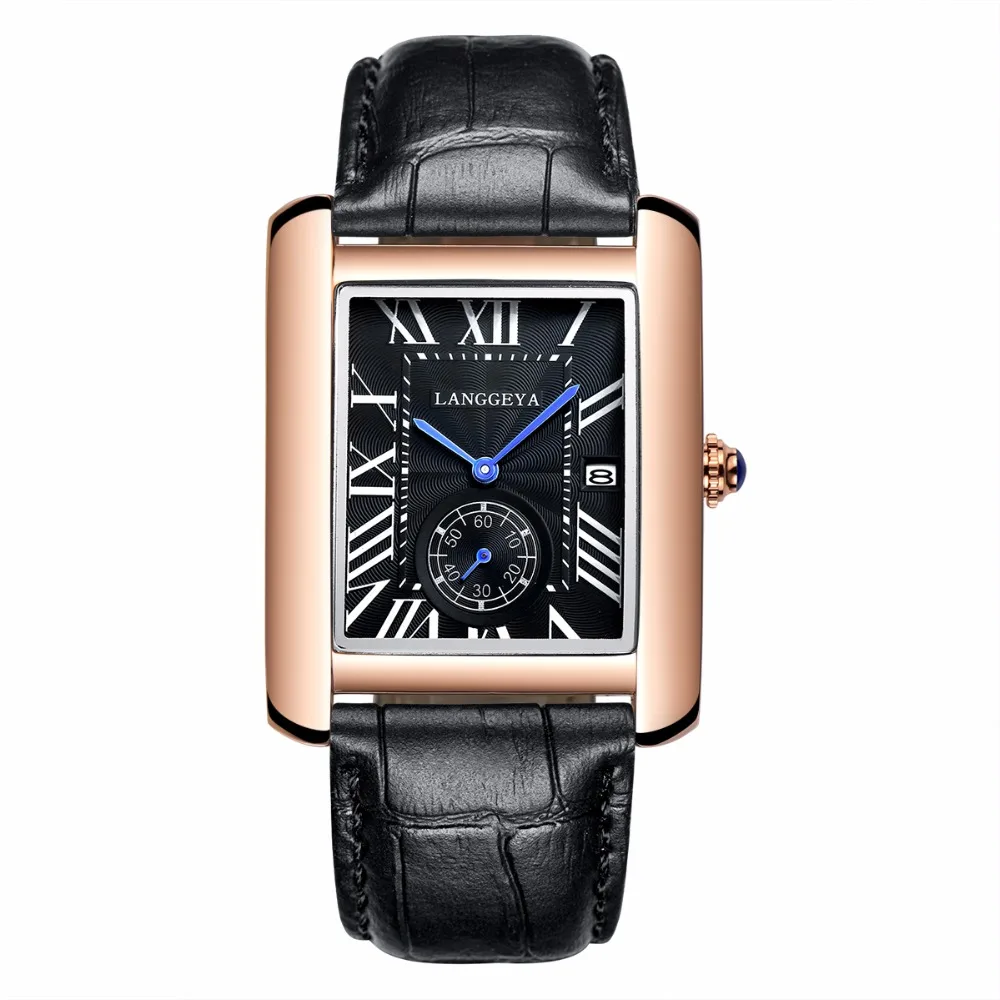 Ultra thin Rectangle Dial Quartz Wristwatch Black Genuine Leather Strap