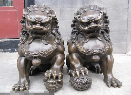 

xd 003286 China Folk Art Bronze Feng Shui Guardian Evil Door Bei Jing Fu Foo Dog Lion Pair