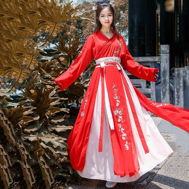 Красный Hanfu для женщин вышивка танцевальный костюм Китайский фестивальный наряд народная сценическая одежда Восточное сказочное платье DF1014