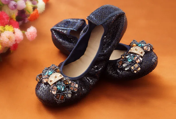 Single Ballet Flat Women's shoes Egg Roll Mother Shoes Leather Shallow Casual Lady Shoes Female Flat Shoes Round Head Diamod Bow (9)