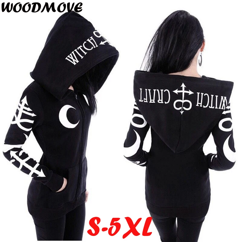

2018 Women's Fashiom Hooded Jacket Print Gothic Punk Long Sleeve Zipper Hoodies Plus Size S-5XL