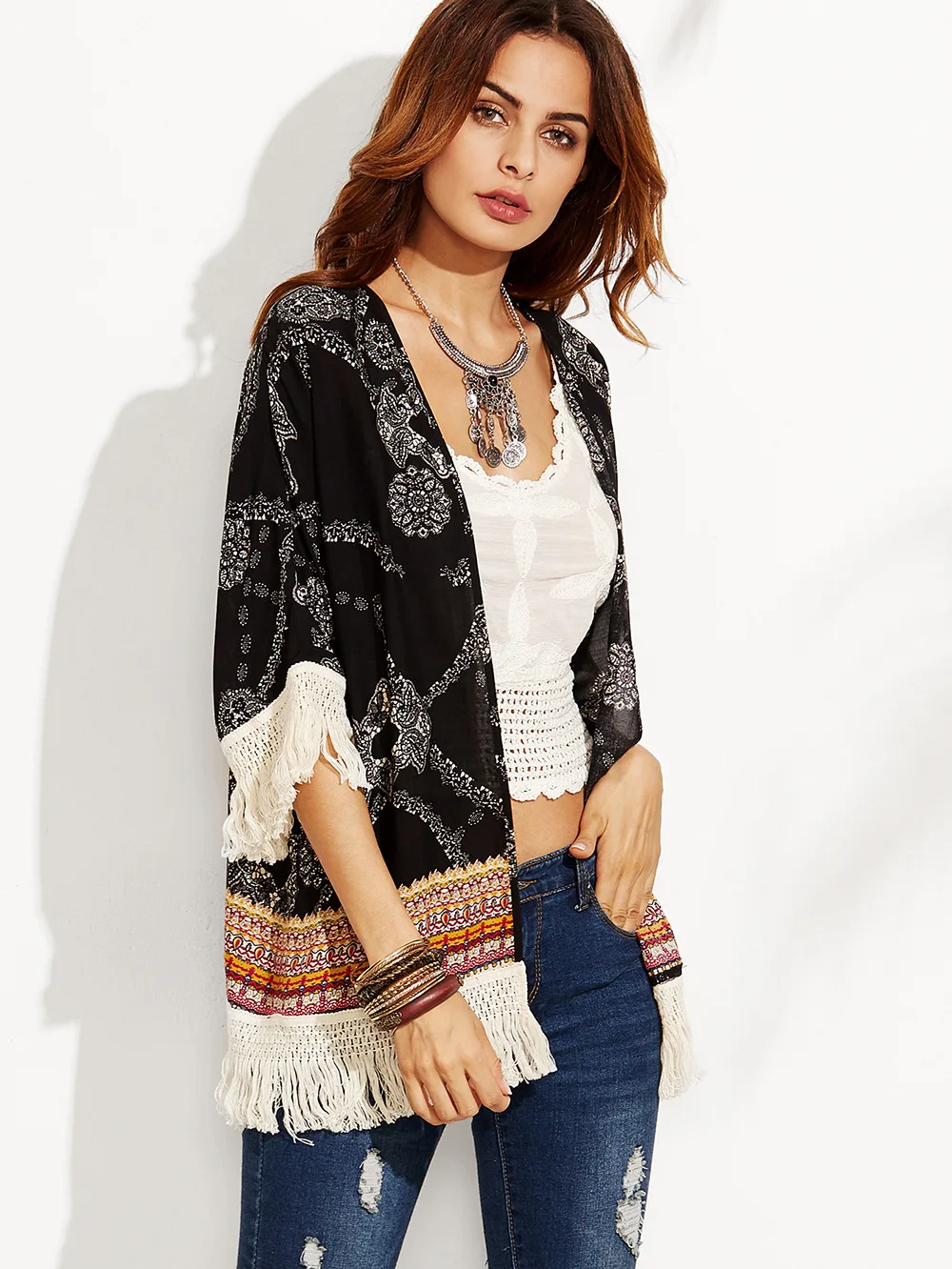 

Womens Boho Black Floral Print Tassel Blouse Shirt Fashion 3/4 Sleeve Kimono Summer 2019 Beach Cover Outwear Tops Blusa