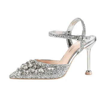

2019 new sexy pointed shallow mouth high heels nightclub slim sequin sandals beautifully matched with rhinestone temperament lad