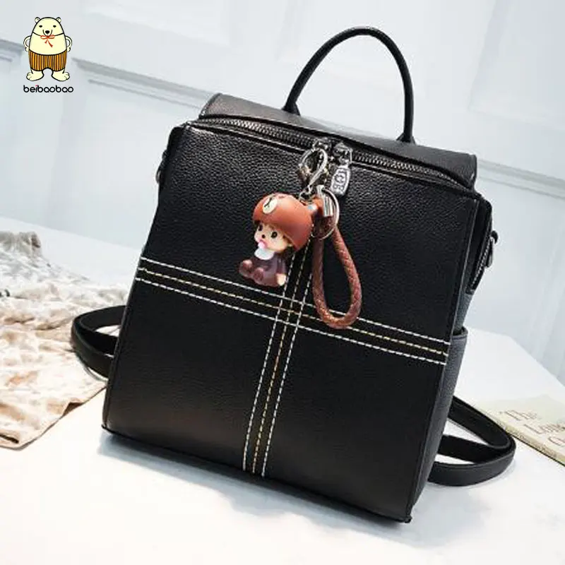 

Beibaobao PU Leather Backpacks For Teenage Girls Fashion Women Backpacks Solid Color with Pendant B6443