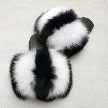 

2020 Women's Summer outdoor Slippers real fur Slippers Rainbow colors Women Slippers beach Fox fur slides