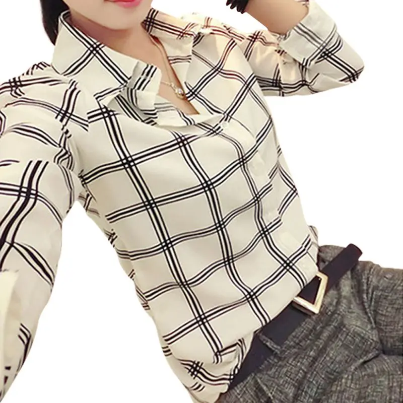 

Fashion Women's Long Sleeve White Shirts Plaids Pattern Lapel Casual Blouse Tops