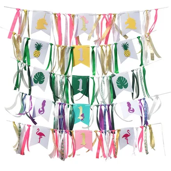 

Boy Girl Diy Baby Show Party Pull Flag Flamingo Unicorn 1st Birthday Decorations Ribbon Dining Chair Pull Flags