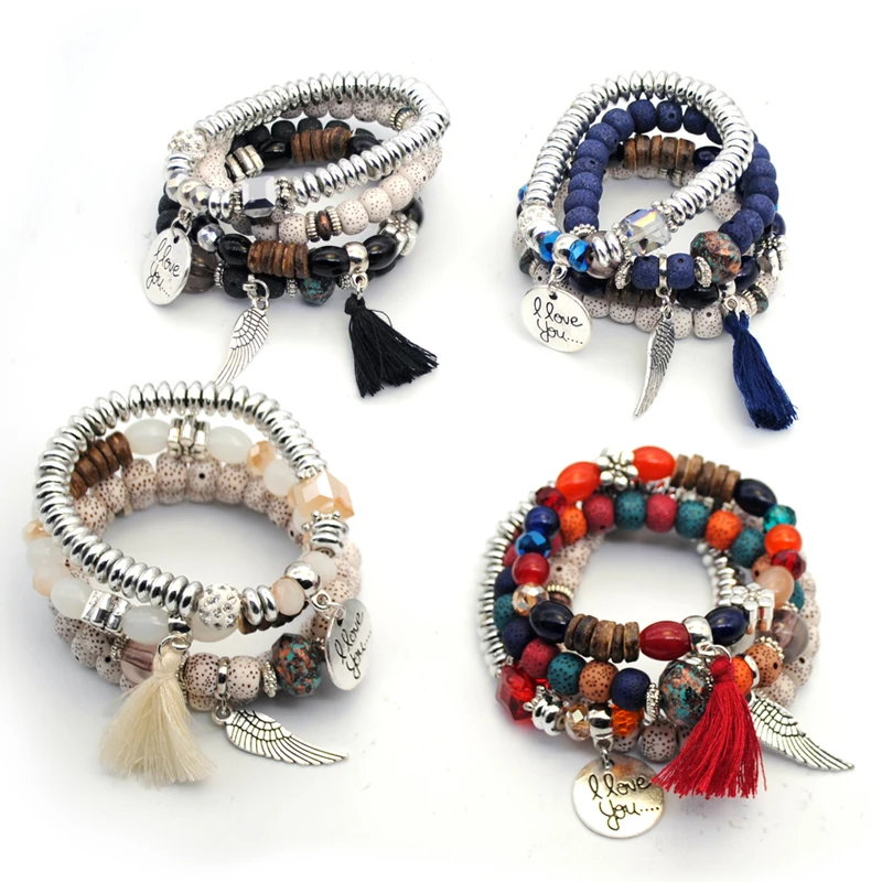 Yumfeel Fashion Charm Beads Bracelets Women Bohemia Vintage Feather Disc Tassel Bracelet & Bangle Set Jewelry Wood Layer Crystal