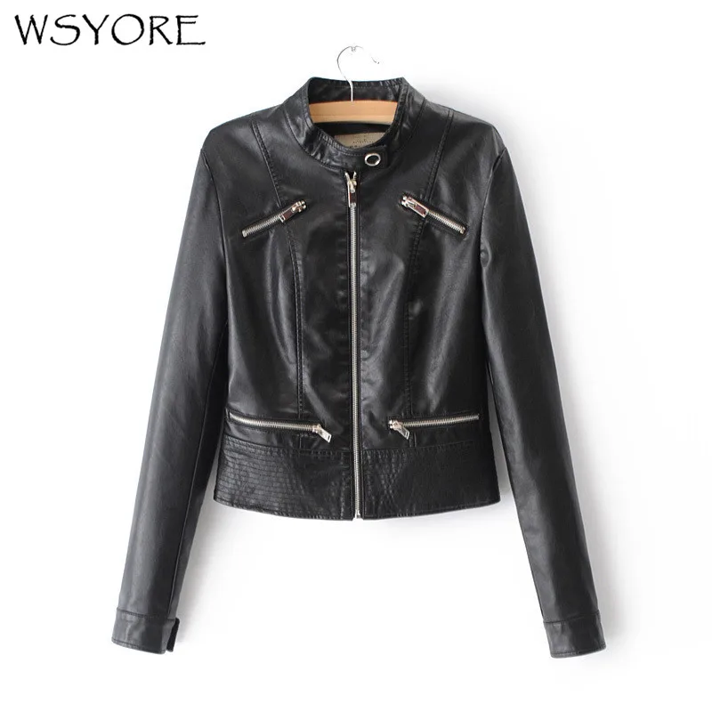 

WSYORE Motorcycle Jacket Slim Black Pink 4 colors 2019 New Spring and Autumn Women European Style PU Faux Leather Jacket NS333