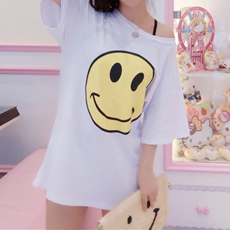 

yellow Smile Print long white women t shirt short sleeve funny korean fashion red tee 2019 kawaii tunic oversized basic chothing