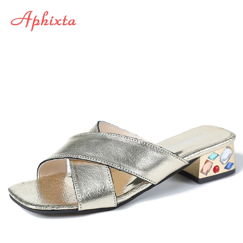 

Aphixta Rhinestone High Heels Women Slippers Genuine Leather Shoes Real Leather Slippers Crystals Summer Shoes Women Slipper