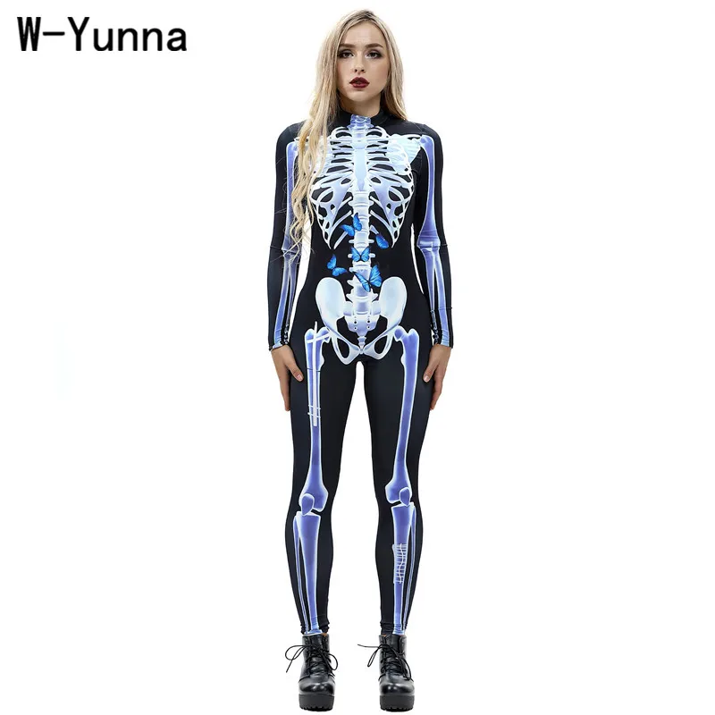 

W-Yunna 2019 Autumn Clothes Fashion Butterfly Skeleton Frame Digital Printing Women Bodysuits Elastic Sexy One Piece Jumpsuit