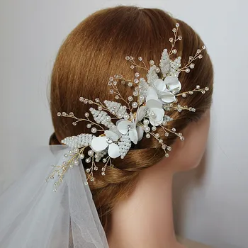 

Delicate Pearls White Floral Women Headpiece Gold Wedding Hair Clip Accessories Handwired Bridal Hair Jewelry