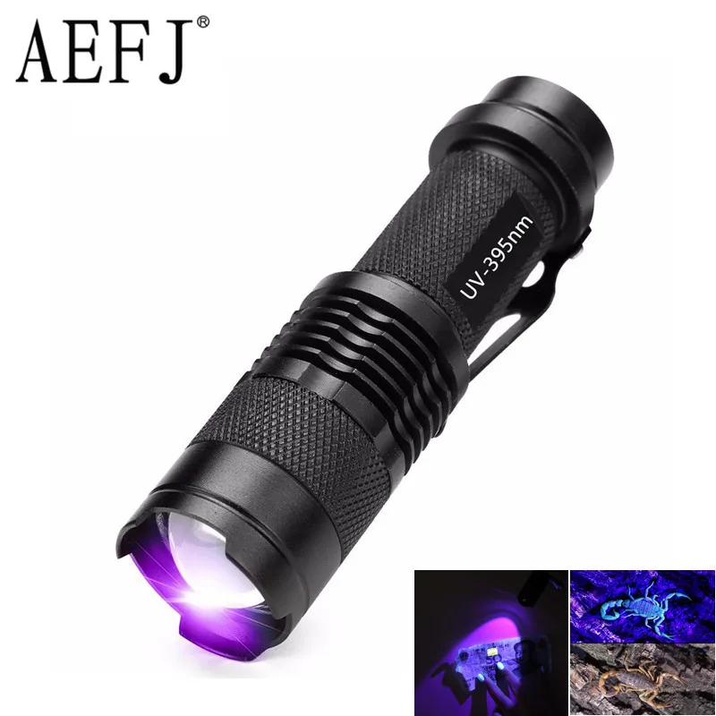 

Mini UV Black Light UV Flashlight Ultra Violet Light With Zoom Function Pet Urine Stains Detector Scorpion Use AA/14500 battery