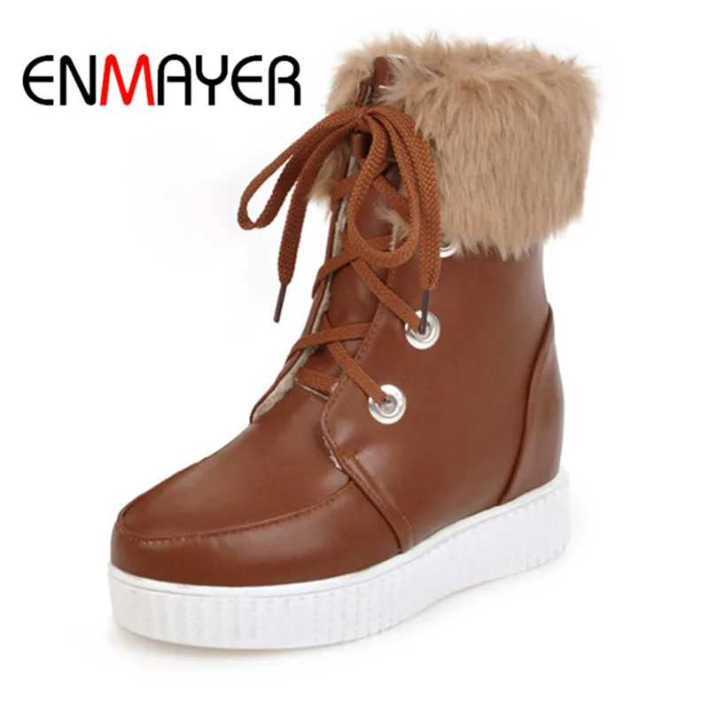 

ENMAYER 2018 Lace up Ankle Strap Fur Boots Footwear Woman Casual Shoes Flat With Heel Boots 34-43 Spring And Summer WHY185