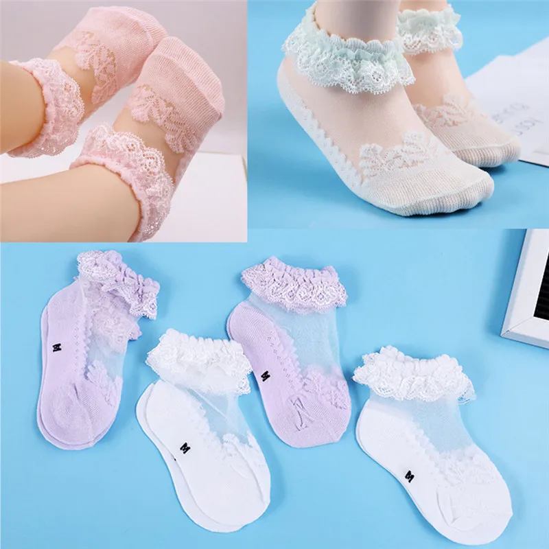 Носки для девочек милые детские дышащие мягкие кружевные носки с оборками летние носки принцессы Розовые, белые От 0 до 6 лет