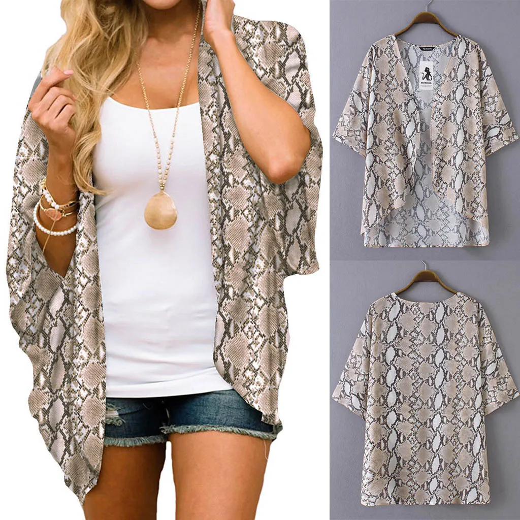

muqgew Snake Print Kimono Blouse Women Chiffon Loose Half Sleeve Shawl Cardigan Cover Up Summer Beachwear Clothes Blusa 2019