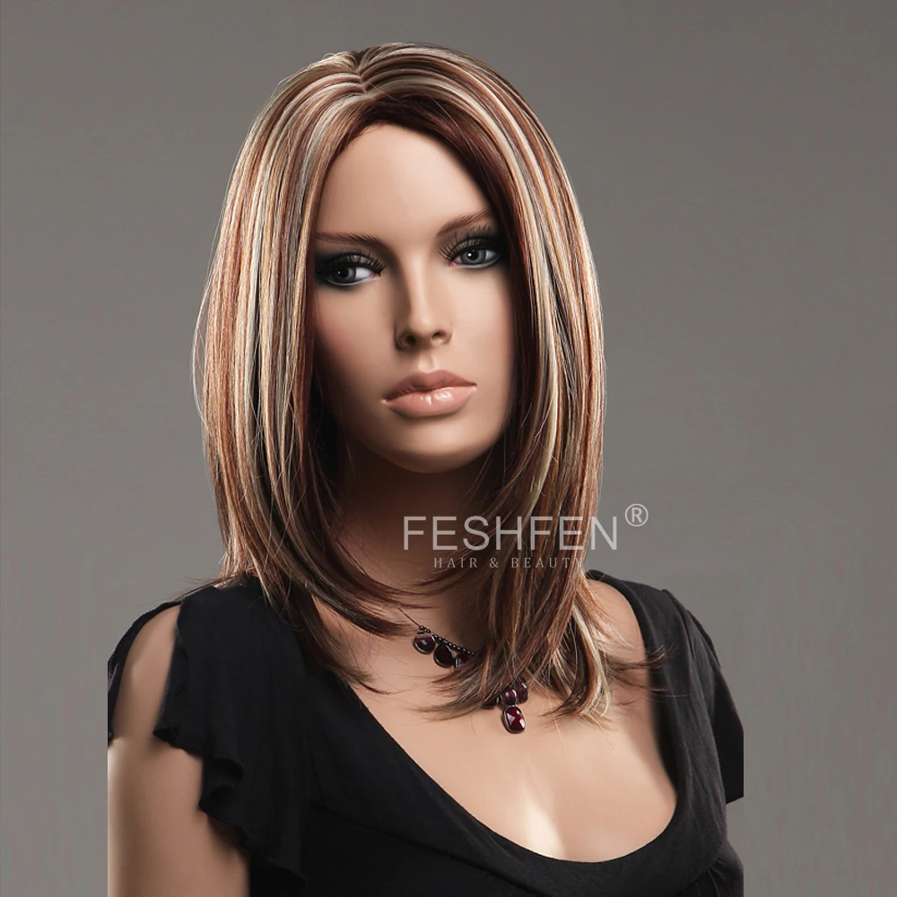 FESHFEN Middle Parting Medium Long Straight Piano Color Hair Wig
