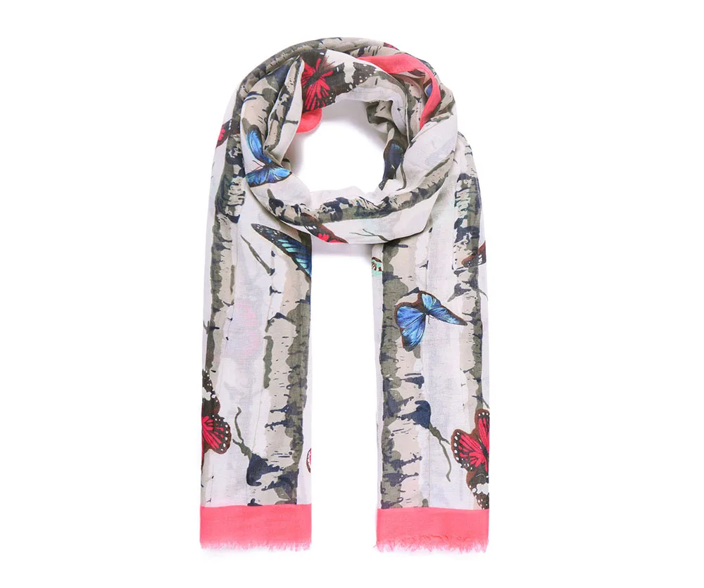 

Large size butterfly print scarf with pink borders soft fabric shawl beach cover