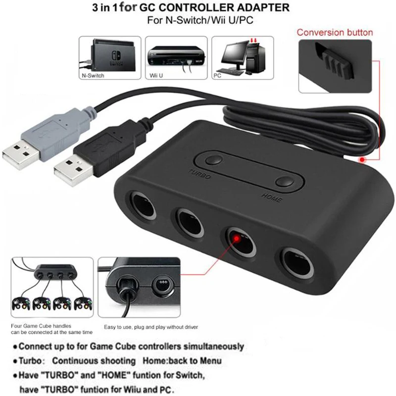 

ALLOYSEED 4Ports For GC Cube Game Controller Converter Adapter For Nintend Wii U Switch PC USB Adapter With Home Turbo Function