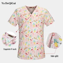 Хирургическая медицинская форма v-образный вырез хлопок дышащий Фламинго печать Больничная Спецодежда для медсестер Топы Женская медицинская одежда