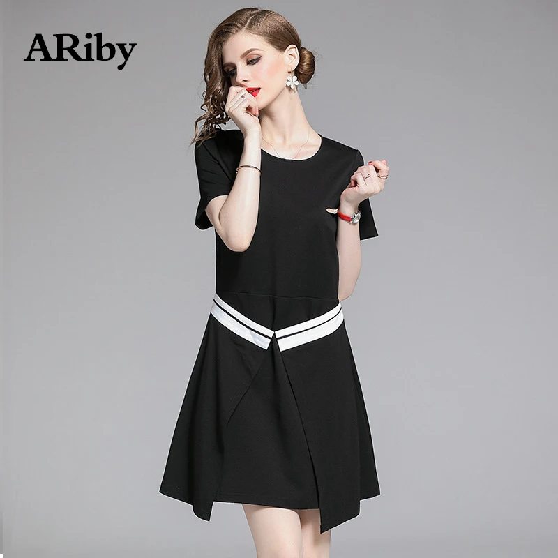 

Fake Two Dresses ARiby 2019 Summer New Fashion Casual Slimming Black Short sleeve Solid O-Neck Mini Dress Women A-Line Dress