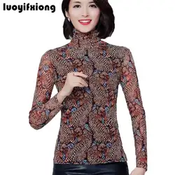 Luoyifxiong 2018 осенью новый кружевная блузка модный принт Водолазка с длинным рукавом Для женщин рубашки Тонкий кружева топы плюс Размеры Camisas