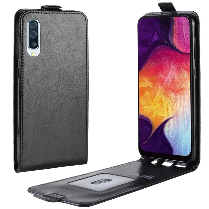 Для samsung Galaxy A50 чехол вертикальный искусственная кожа и силикон держатель для карт чехол для телефона для Galaxy A50 50 SM-A505F A505 a505f Чехол-книжка - Цвет: Черный