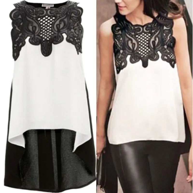 

Fashion Women Chiffon Blouse Shirt Sleeveless Tops Patchwork Casual Loose Back Female Oversized Size Long Plus Asymmetric