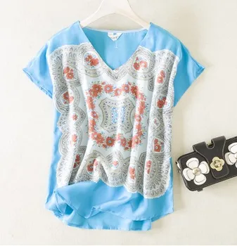 

Super woven silk crepe de Chine V collar shoulder sleeves circular arc hem crepe de Chine positioning real silk T-shirt 2020