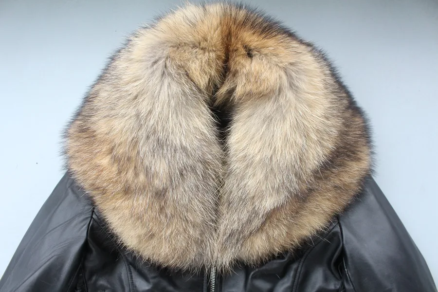 genuine sheepskin leather jacket with real big raccoon fur collar (15)