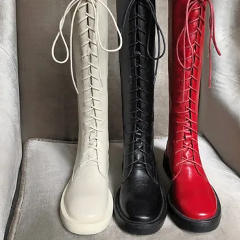

MLJUESE 2020 women knee-high boots cow leather red color lace up winter short plush low heels round toe boots high boots party