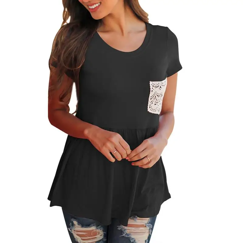 Women Short Sleeve Patchwork Pocket Pleat Women Casual Summer Top T