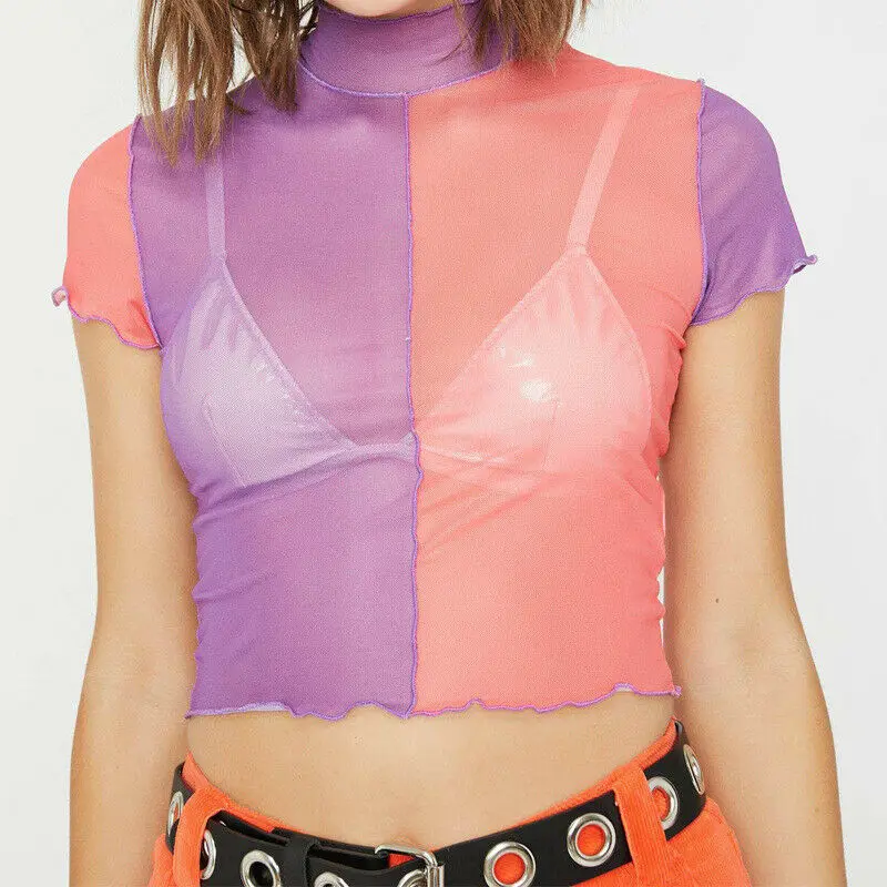 

Womens Mesh Sheer See Through Slim Pullover T-Shirt Turtleneck Short Sleeve Color Stitching Cropped Tops Tee Shirt