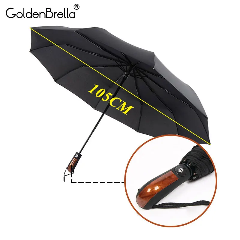 Brand 10 Ribs Strong Windproof Umbrella For Men 3Folding Automatic Quality Wood Handle Umbrella