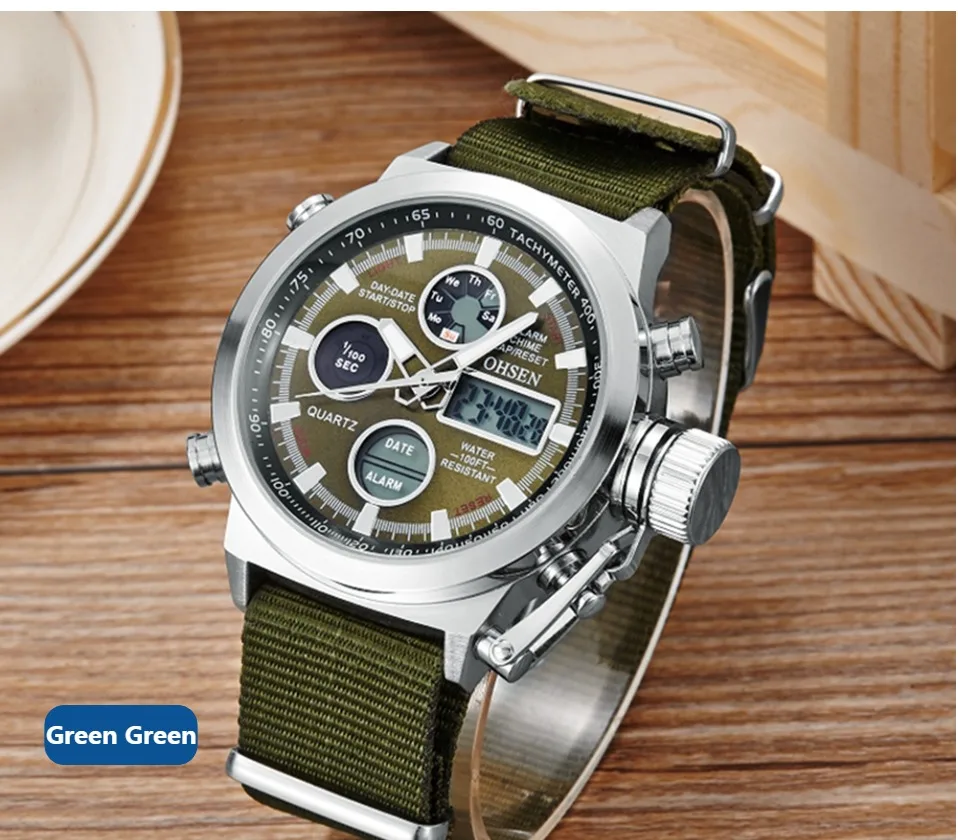 Известный бренд OHSEN мужской спортивный военный часы полотно холста 30 м Водонепроницаемые черные кварцевые мужские повседневные наручные