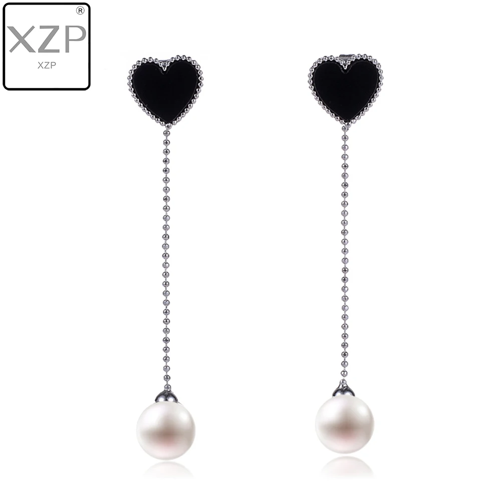 

XZP Pearl Earrings Fashion Delicate Black Enamel Heart Earrings Girl Long Earrings Temperament Simple Fresh Earrings Wholesale