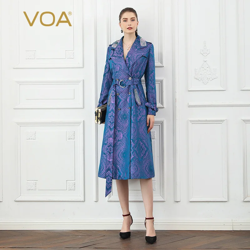 Женский двубортный Тренч VOA фиолетовый с длинным рукавом и поясом F339|Плащи