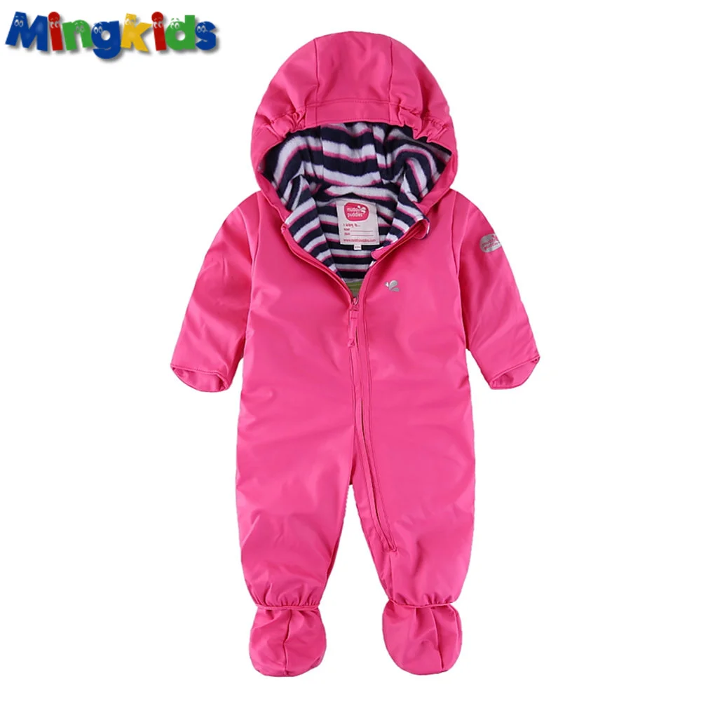 

New Export Europe 100% waterproof rompers boy gir PU hooded fleece padded Jumpsuit Warm with fleece paded windproof