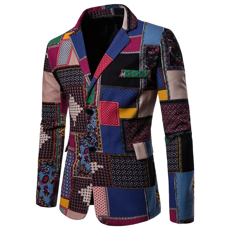 Новое поступление, деловой мужской пиджак s Blaser Masculino, хлопок, лен, Национальный принт, популярные фиолетовые блейзеры, мужские костюмы, куртки - Цвет: X05
