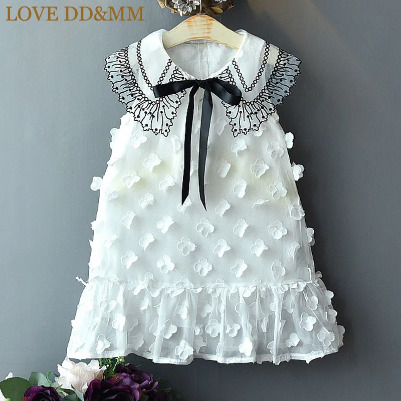 Платья для девочек с надписью «LOVE DD& MM» г., новая летняя детская одежда Сетчатое платье с кружевным кукольным воротником и бантом в стиле колледжа для девочек - Цвет: Белый